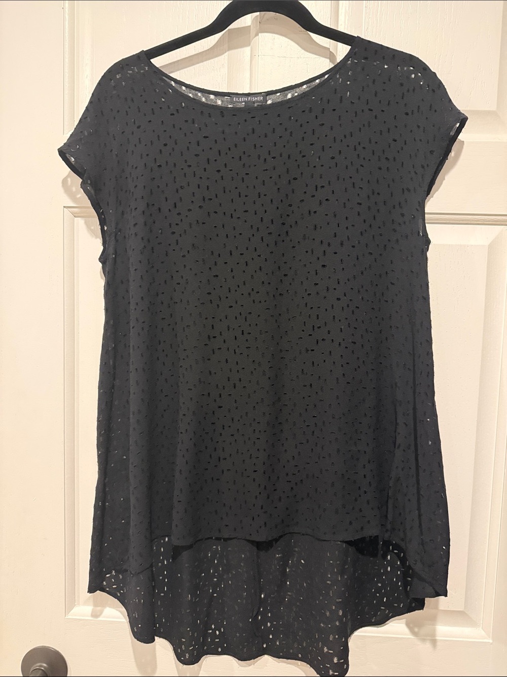 Eileen Fisher Black Cap Sleeve High-Low Eyelet Tunic